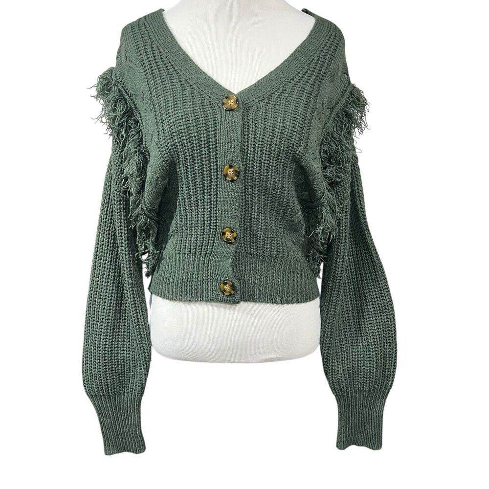 NO Comment Chunky Cable Knit Sweater Womens Medium Green Fringe Button Cottage